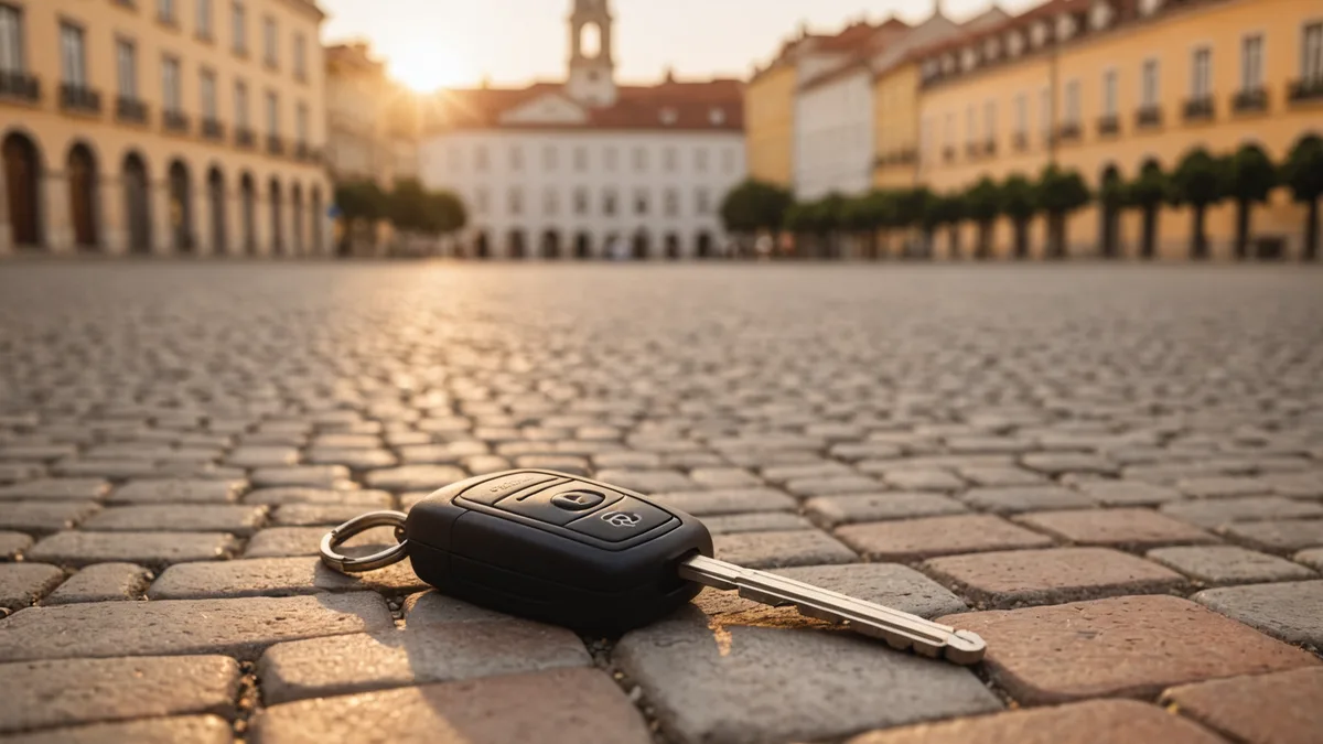Car keys resting on a Portuguese cobblestone surface with the Lisbon skyline out of focus in background