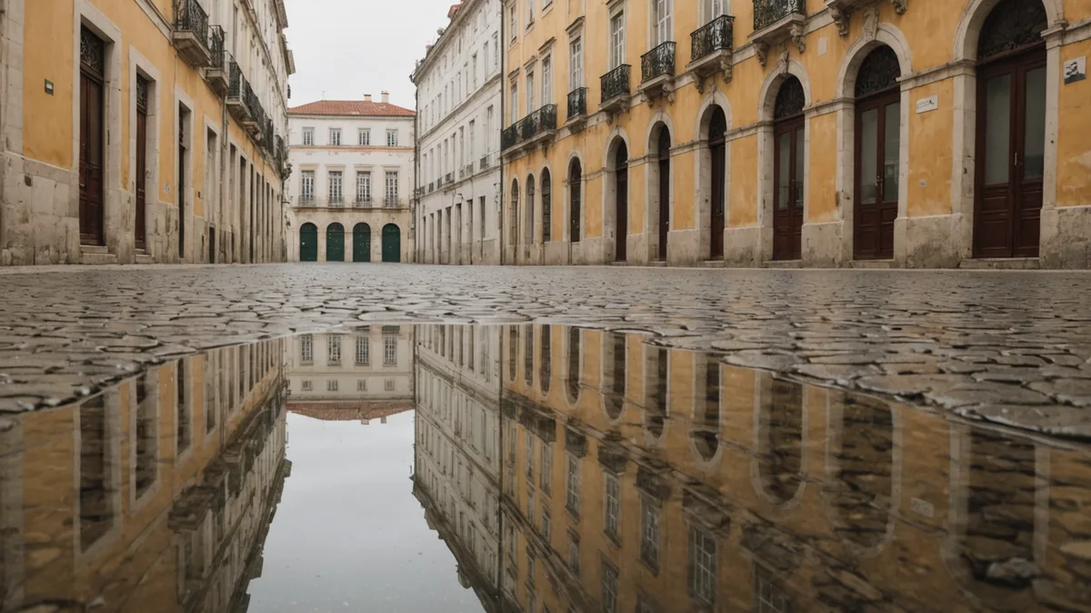 Wet Portuguese street after rainfall with water reflections of Lisbon buildings