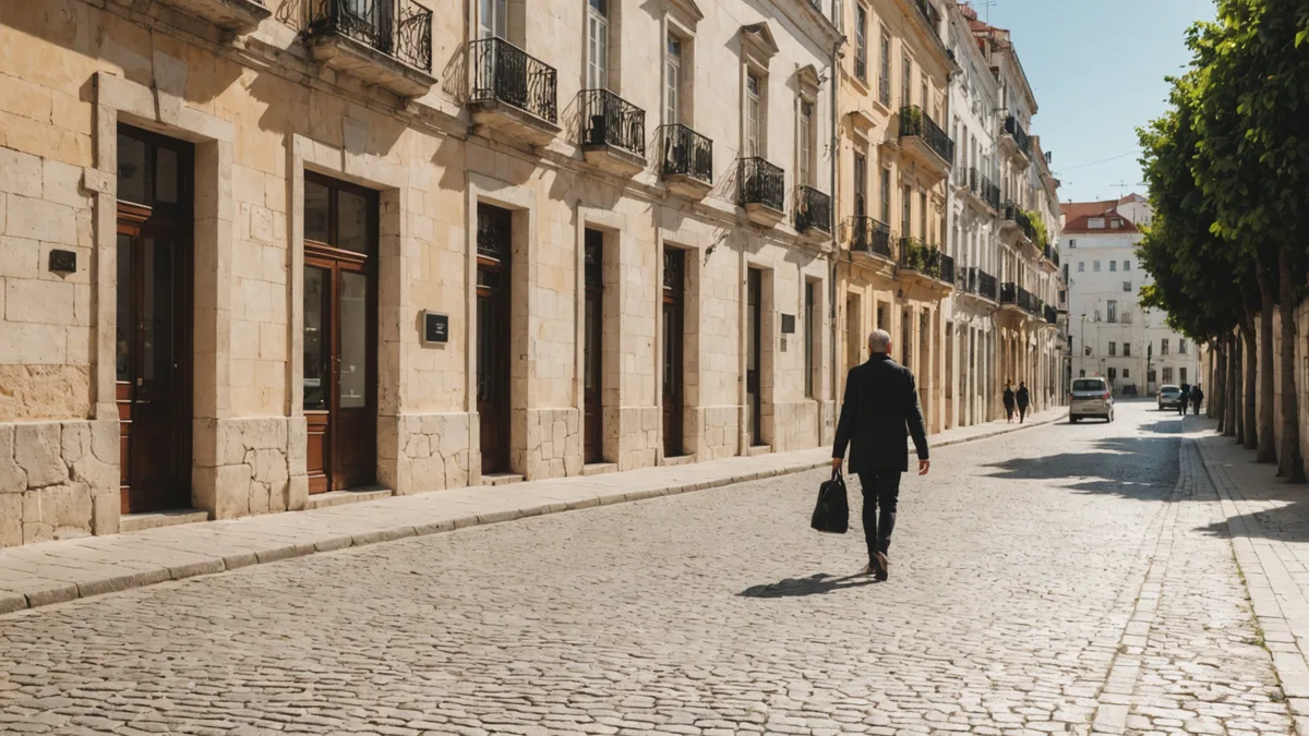 Person walking along a bright Lisbon street with modern clinic in background