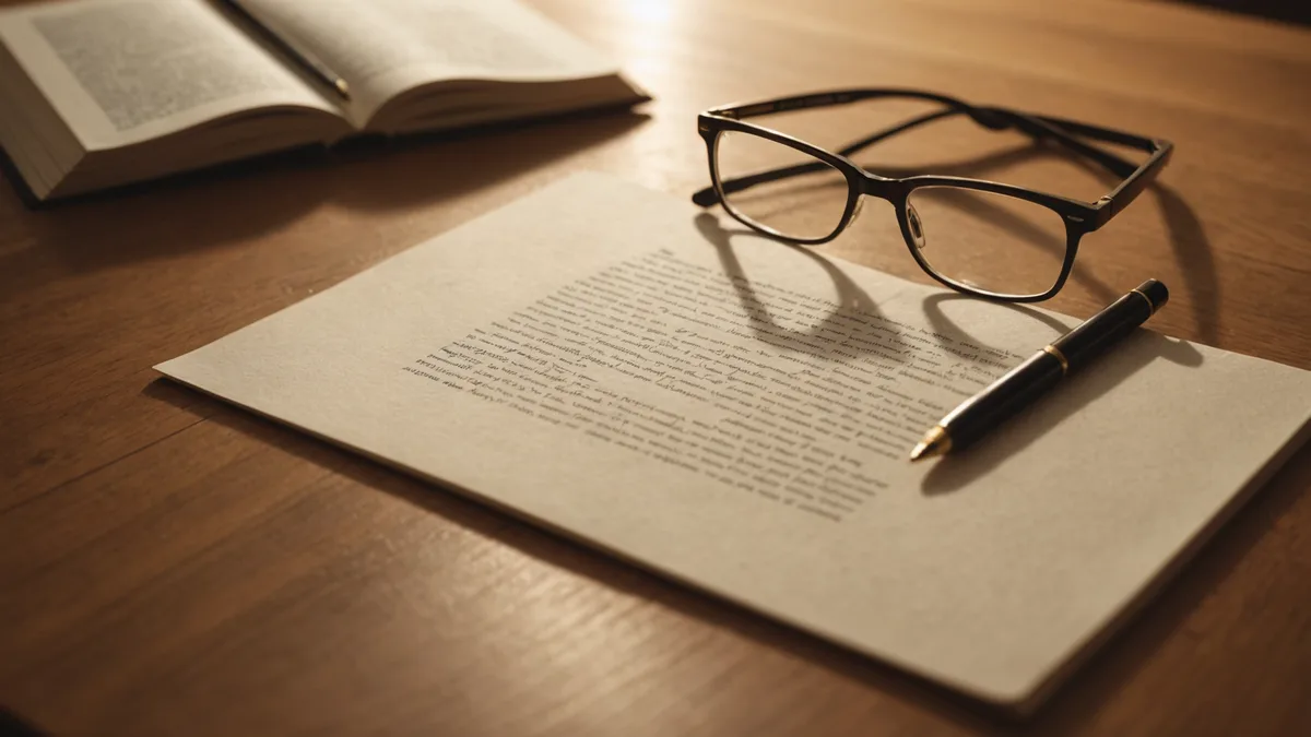Open health insurance document on a desk with glasses and pen, warm light