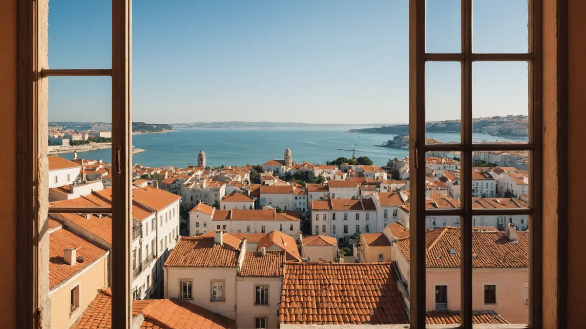 Cozy Lisbon apartment window with azulejo tiles and rooftop view
