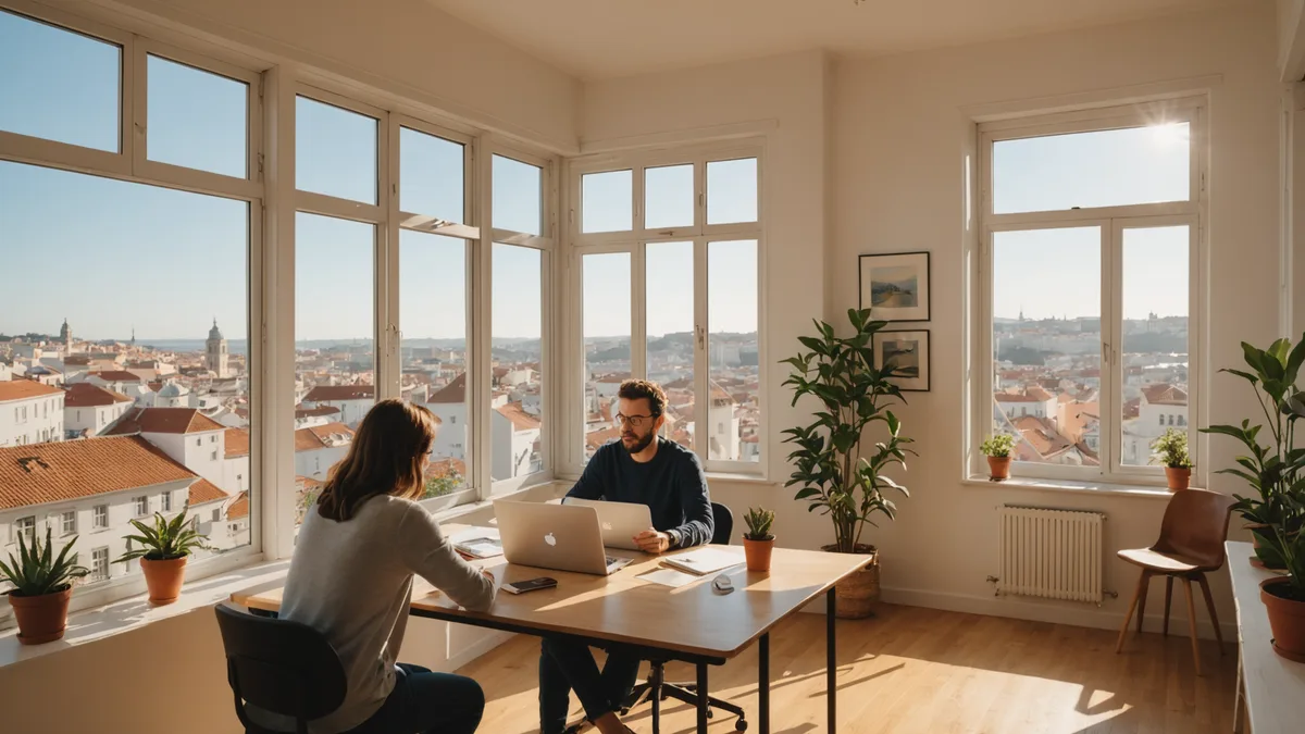 Small team working at a startup office in Lisbon with warm light and city view