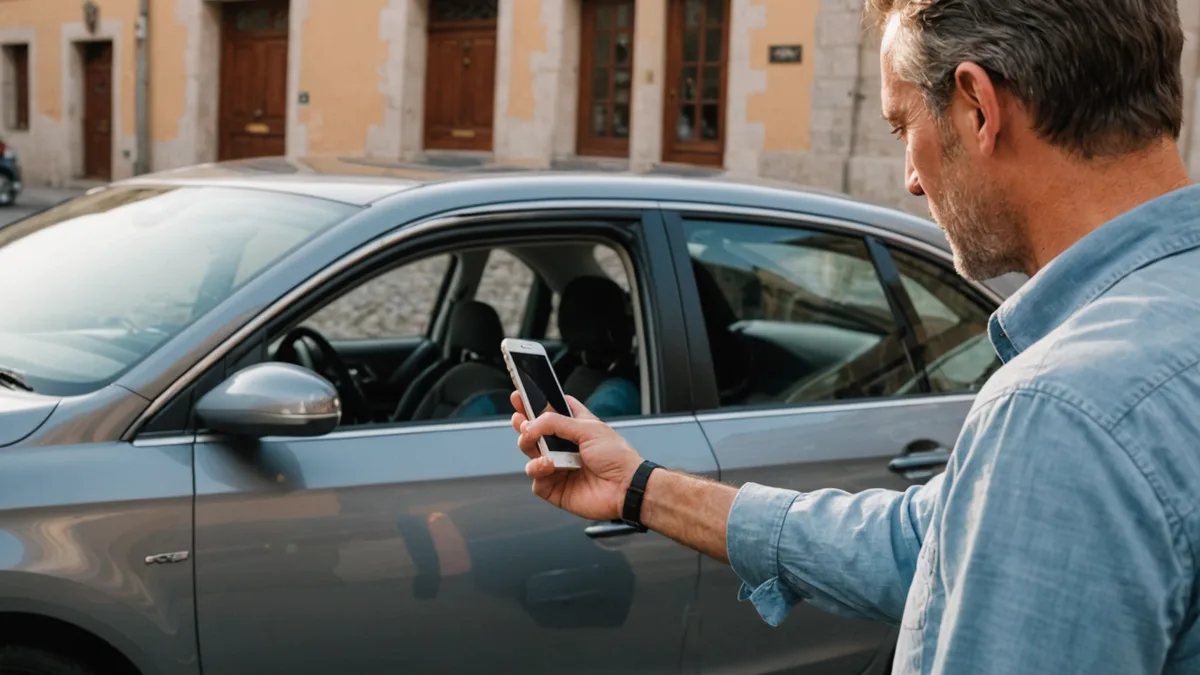 Person photographing car damage for insurance claim on a Lisbon street