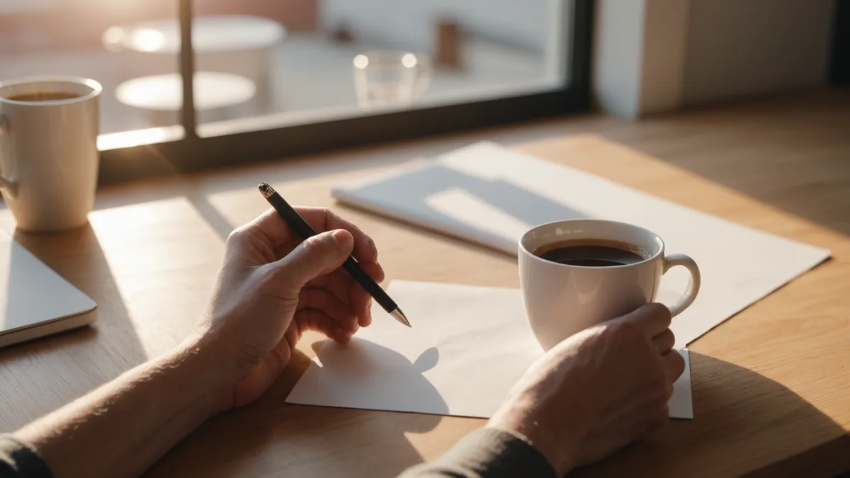 Person reviewing insurance documents at a desk with a cup of coffee in Lisbon apartment
