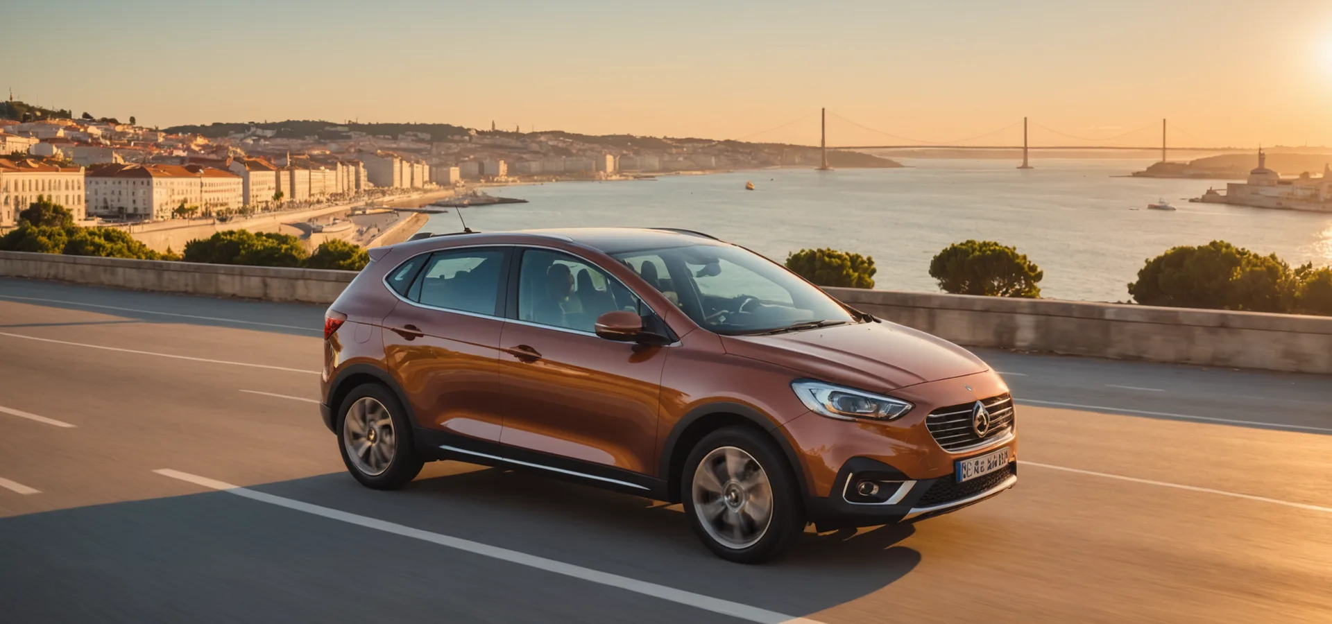 Car driving on a Lisbon road with the Tagus river in the background at golden hour