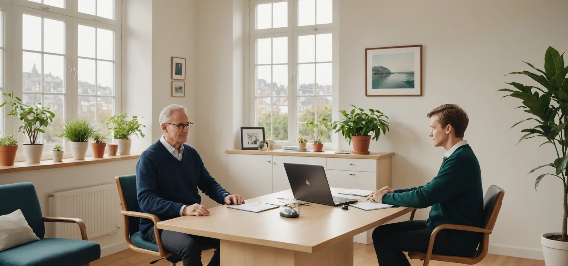 Warm medical consultation office with natural light, doctor and patient in relaxed conversation