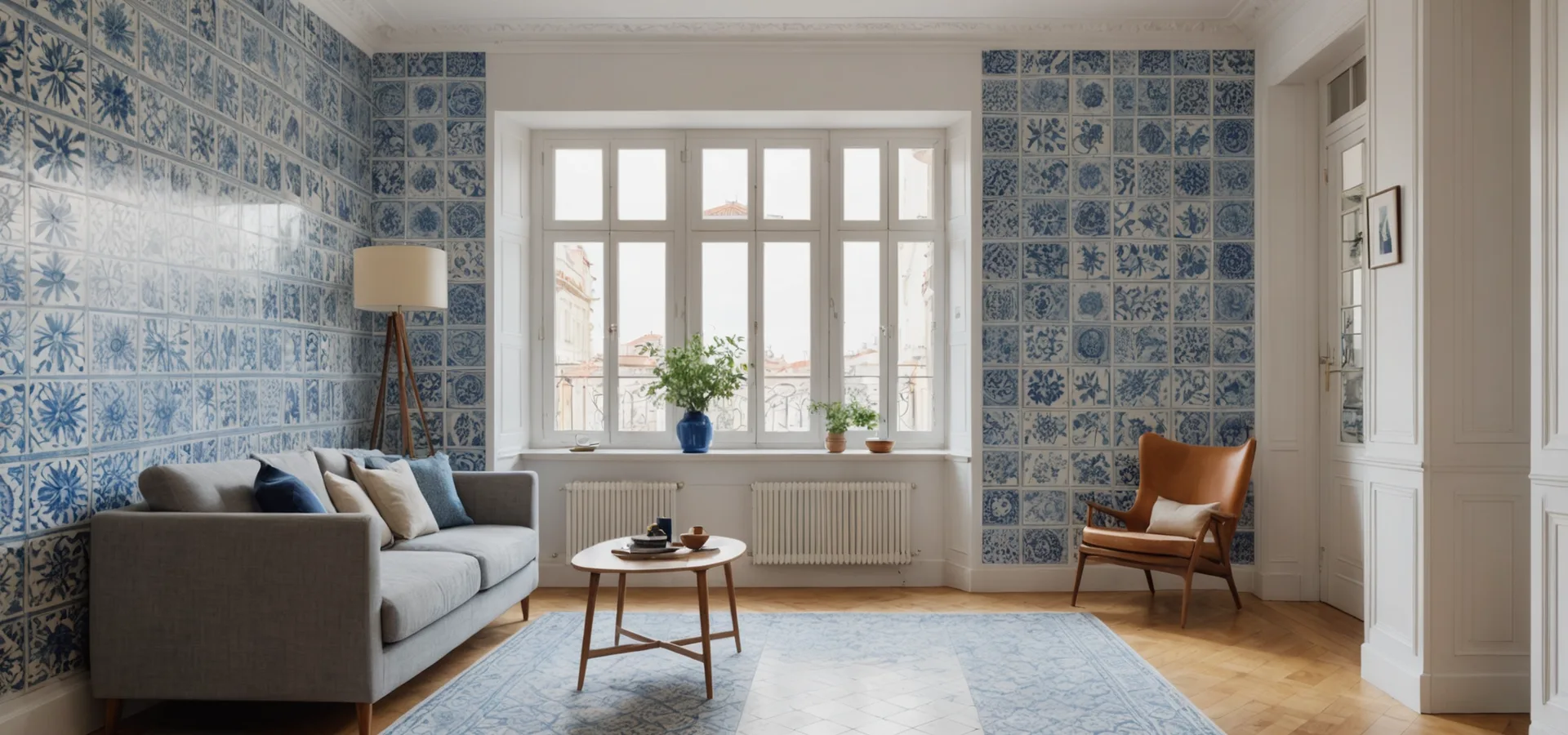 Bright airy Lisbon apartment living room with azulejo tiles visible, warm natural light
