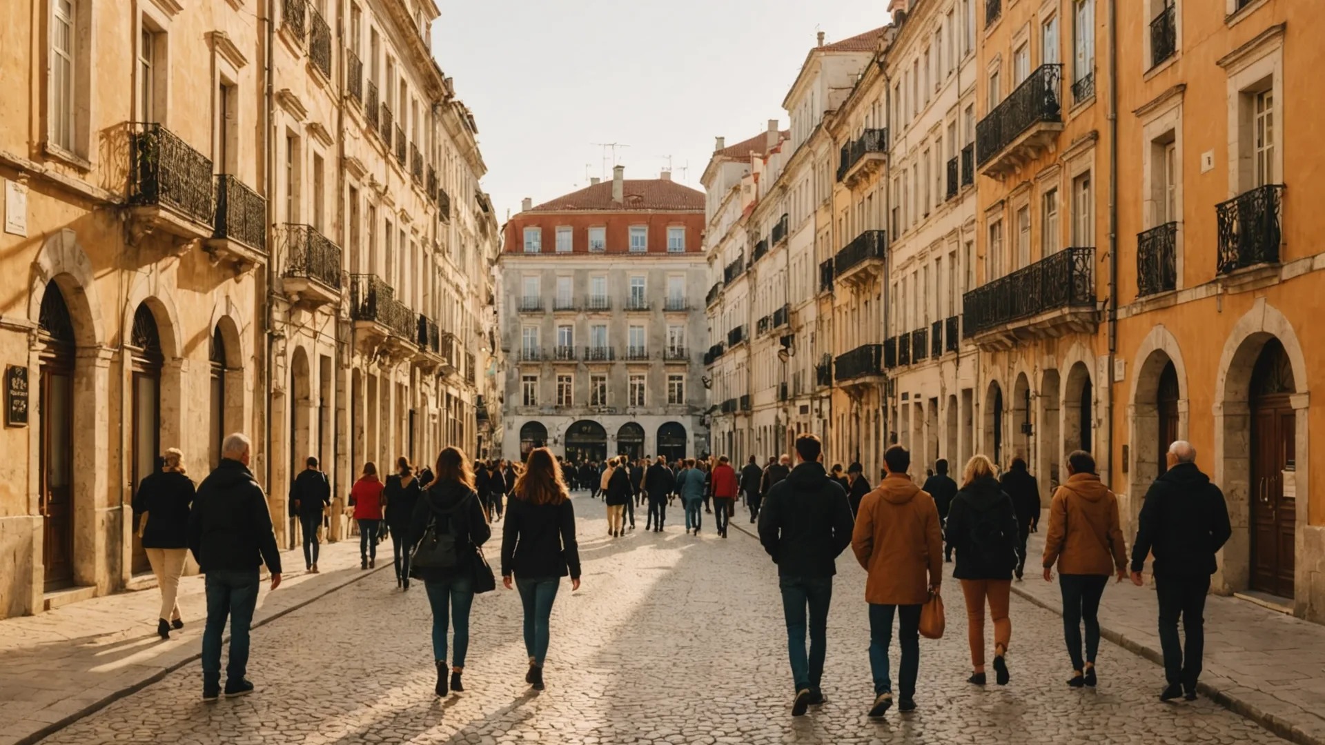 Busy Rua Augusta pedestrian street in Lisbon with warm afternoon light, people walking